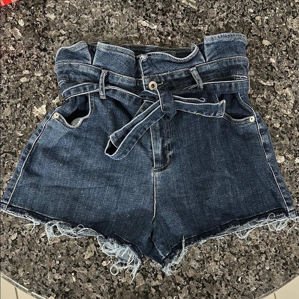 CeCe Denim High Waist Paper Bag Shorts